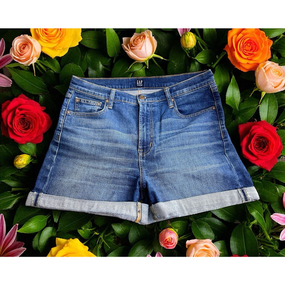 GAP Denim Highrise Jean Shorts Sz 30 Regular 4" Inseam Cuffed Stretch Blue - Picture 2 of 7